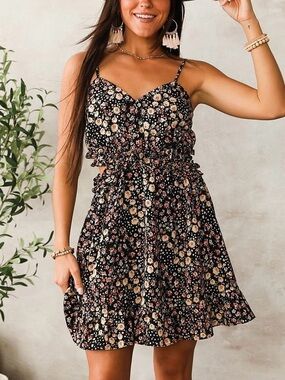 Buckle Privy Floral Gauze Ruffle Dress Cut Out